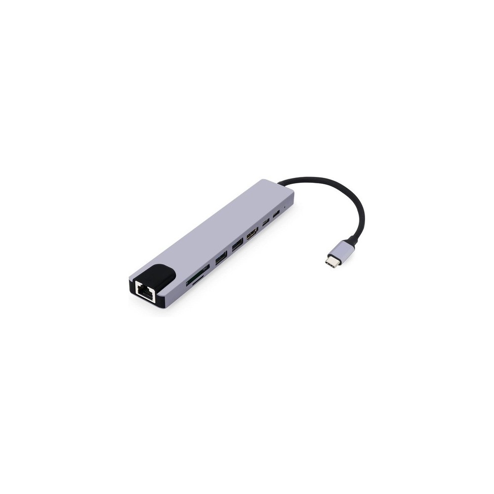 Hub Multiport 8en1 USB-C HDMI 4K RJ45 USB 3.0 SD