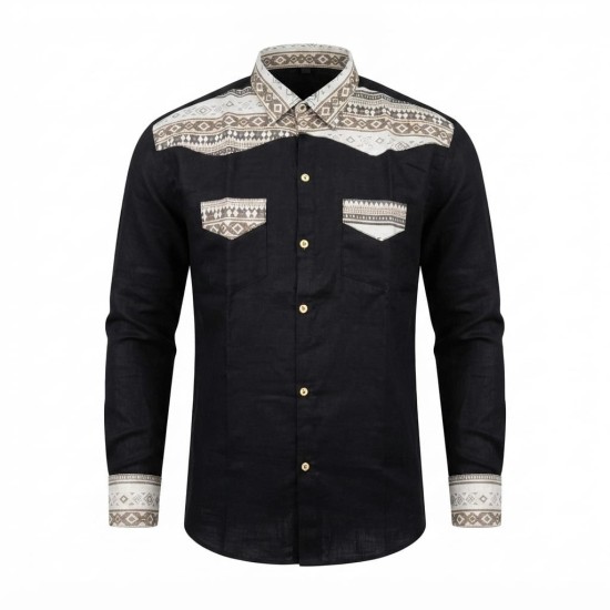 Chemise à manches longues en lin à motifs ethniques | Lumeni.ci