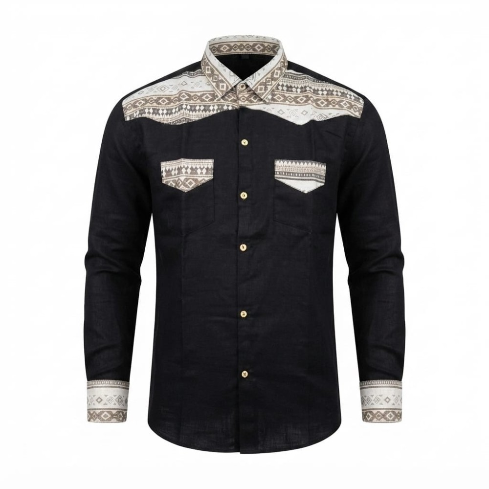 Chemise à manches longues en lin à motifs ethniques | Lumeni.ci