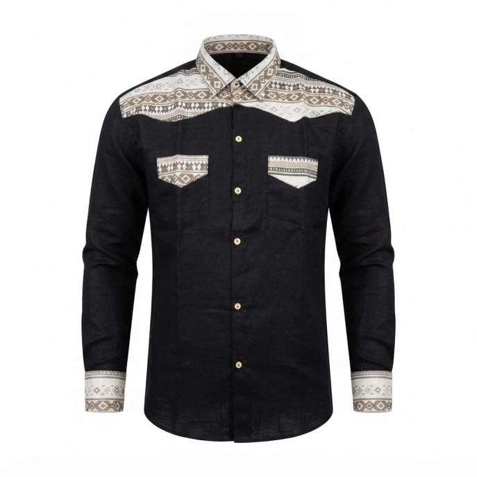 Chemise à manches longues en lin à motifs ethniques | Lumeni.ci